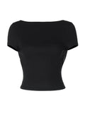 O Neck Short Sleeve Backless Ruched Crop Top