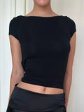 O Neck Short Sleeve Backless Ruched Crop Top