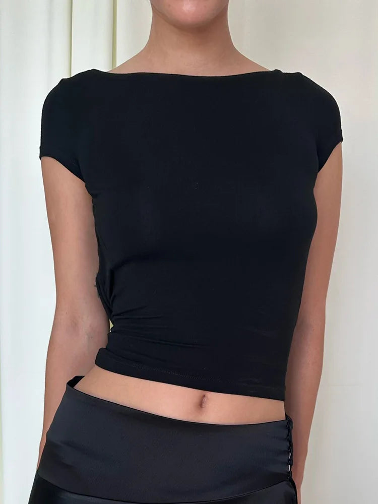 O Neck Short Sleeve Backless Ruched Crop Top