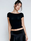 O Neck Short Sleeve Backless Ruched Crop Top