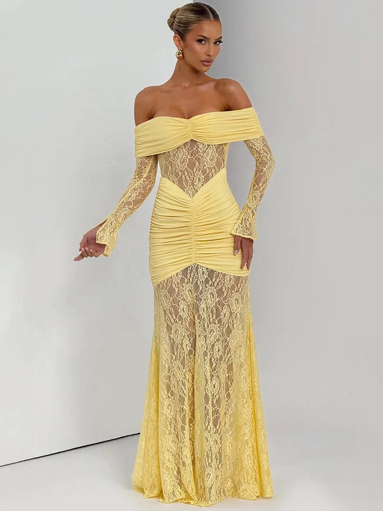 Off-shoulder Long Sleeve Maxi Dress Women - Yellow / S