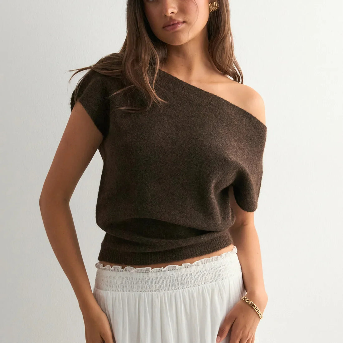 Off Shoulder Short Sleeve Knit T-Shirt Women - B / XL