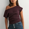 Off Shoulder Short Sleeve Knit T-Shirt Women - C / M