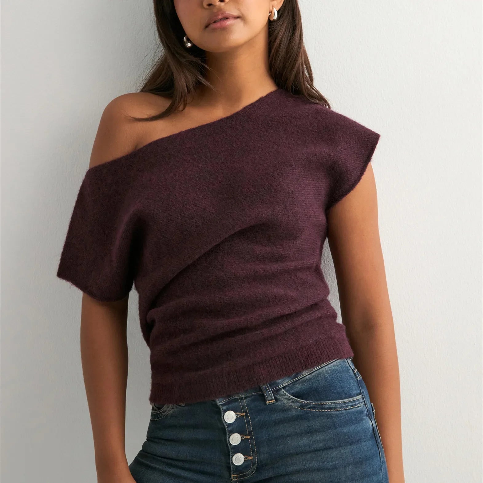 Off Shoulder Short Sleeve Knit T-Shirt Women - C / M