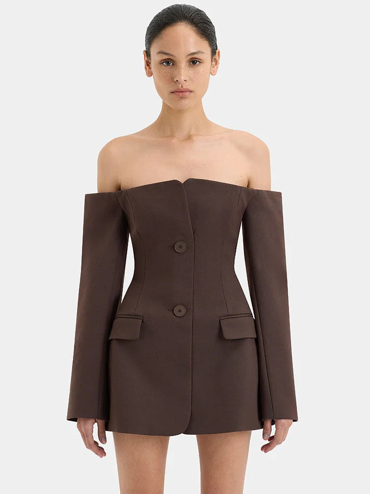 Off-shoulder Strapless Blazer Dress For Women - Brown / S