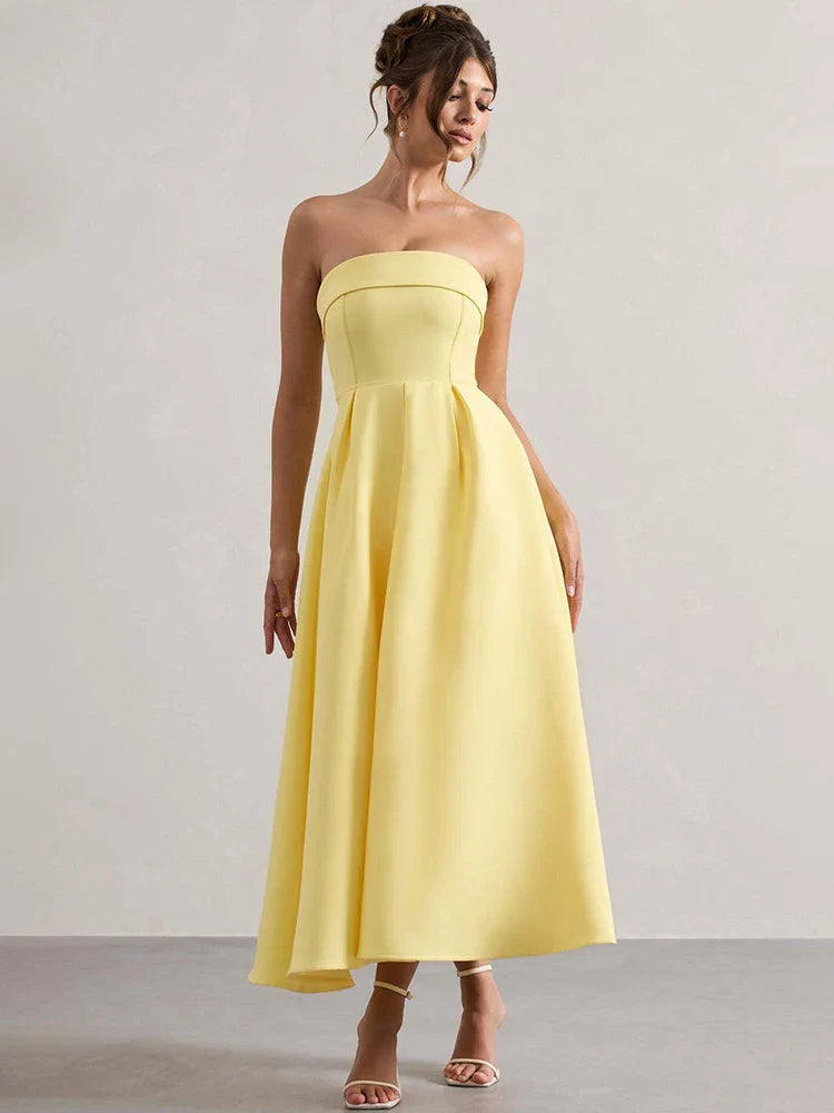 Off-shoulder Strapless Midi Dress Women - Yellow / M