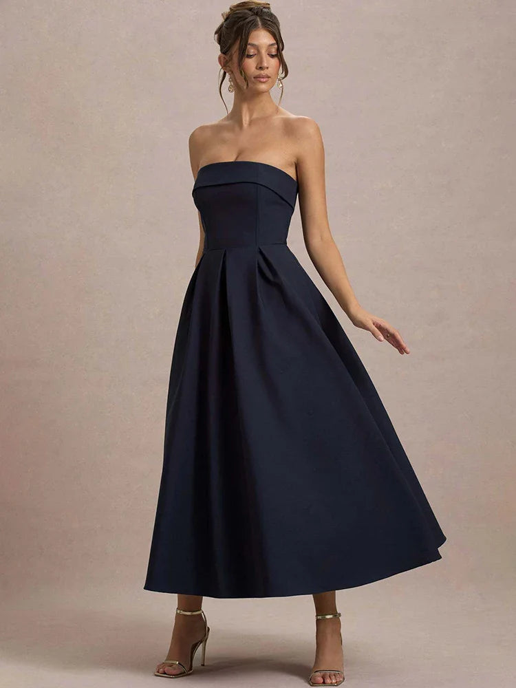 Off-shoulder Strapless Midi Dress Women - Navy Blue / S