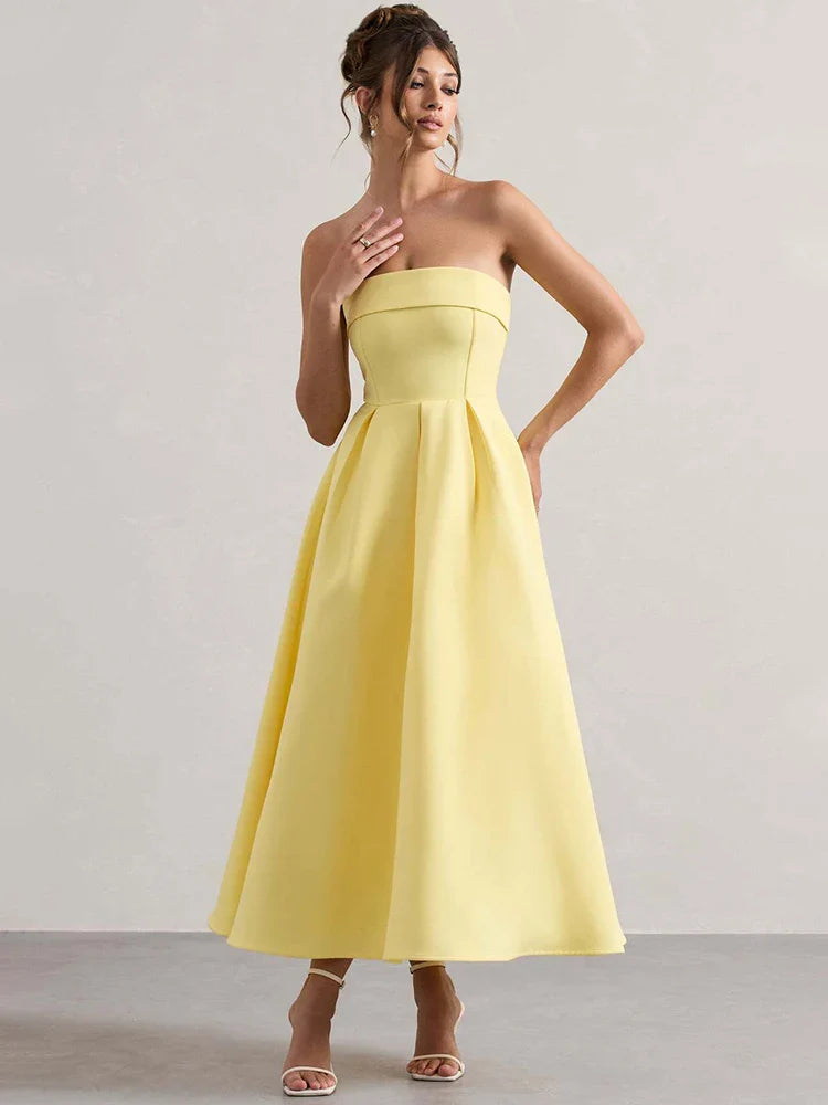 Off-shoulder Strapless Midi Dress Women - Yellow / M
