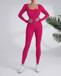 Magenta long-sleeve square-neck jumpsuit with ribbed texture for dry running fitness sports