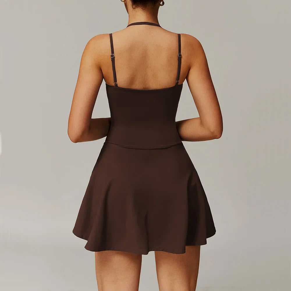 Strappy mini dress in off white with fitted bodice and flared skirt