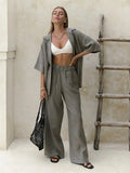 Olive green linen sleeved pants set with white bralette