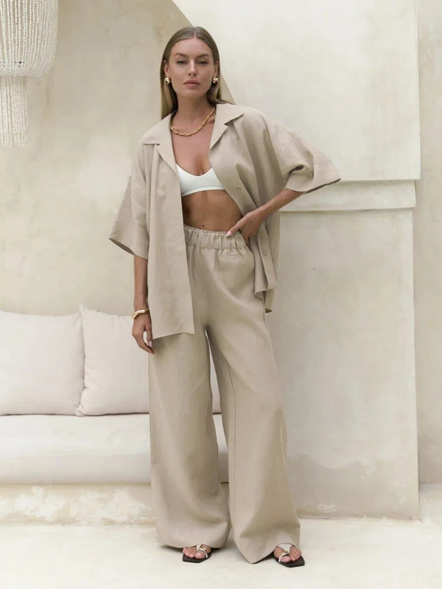 Olive green linen sleeved pants set with beige shirt and pants