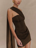 One Shoulder Backless Mini Dress Women - Brown / S