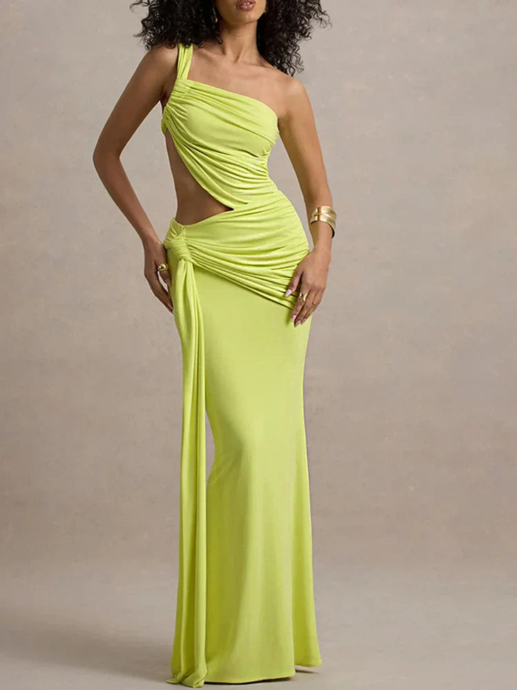 One Shoulder Hollow Out Women Maxi Dress - Green / L