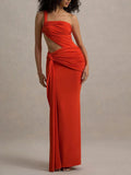 One Shoulder Hollow Out Women Maxi Dress - Orange / L