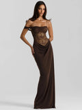 One Shoulder Lace See Through Maxi Dress Women - Brown / M