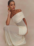 One Shoulder Mesh Maxi Dress Women Off-shoulder Strapless Sleeveless Backless