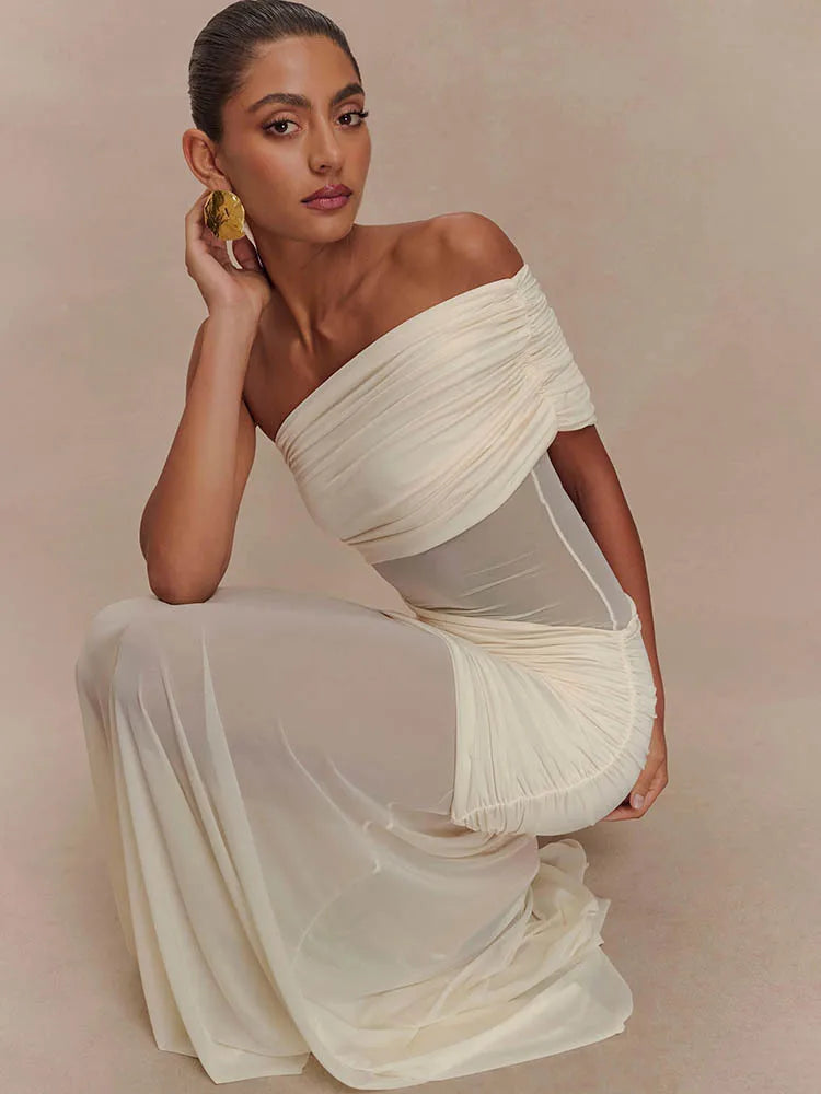 One Shoulder Mesh Maxi Dress Women Off-shoulder Strapless Sleeveless Backless