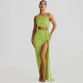 One-shoulder Strapless Tether Ruched Dress - Green / M