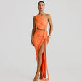 One-shoulder Strapless Tether Ruched Dress - orange / L