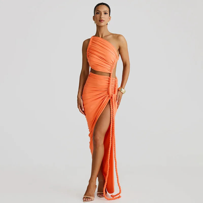 One-shoulder Strapless Tether Ruched Dress - orange / L