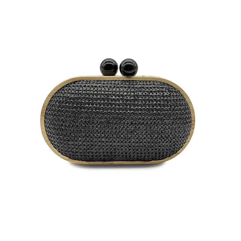 Oval PP Straw Clutch Bag for Women - Black