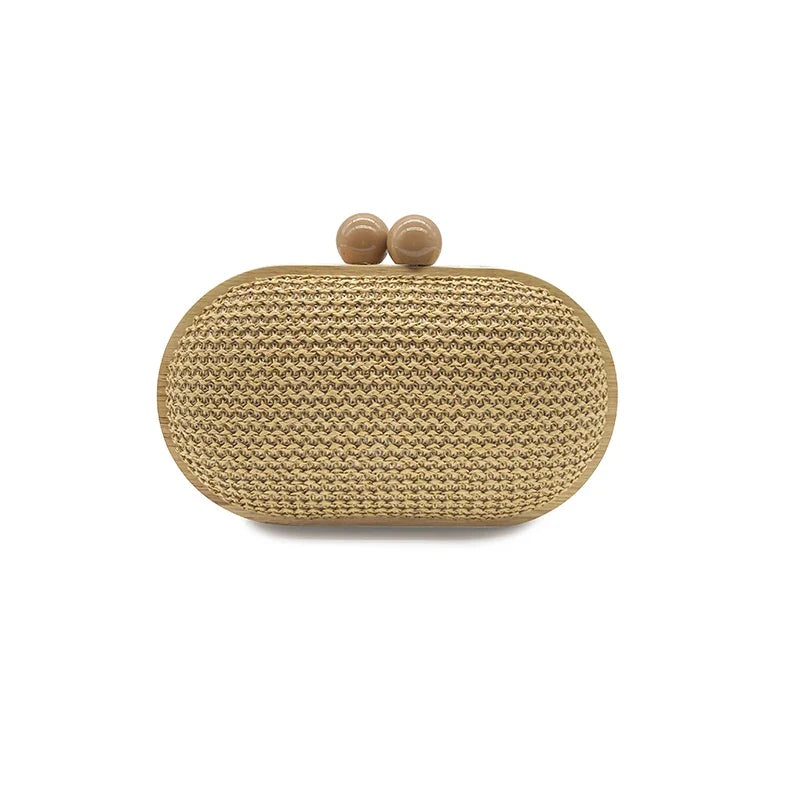 Oval PP Straw Clutch Bag for Women - khaki