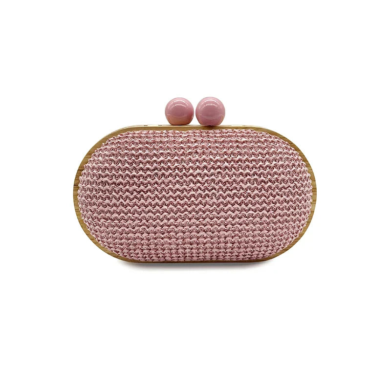 Oval PP Straw Clutch Bag for Women - Pink