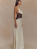 Patchwork Deep V-neck Lace Halter Women Maxi Dress