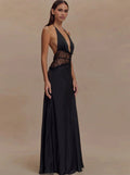 Patchwork Deep V-neck Lace Halter Women Maxi Dress