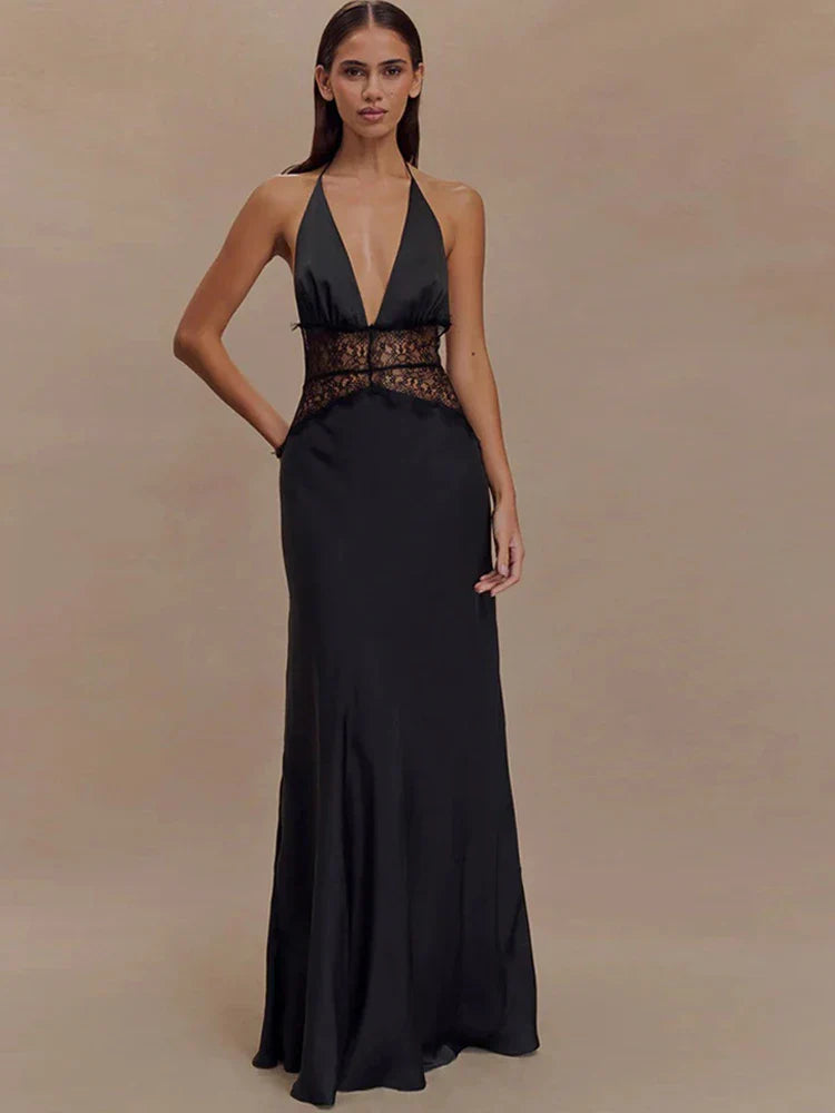 Patchwork Deep V-neck Lace Halter Women Maxi Dress - Black / L