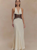 Patchwork Deep V-neck Lace Halter Women Maxi Dress - White / L
