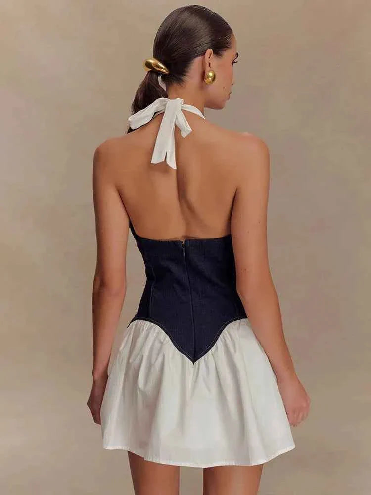 Patchwork Denim Backless Mini Dress Women