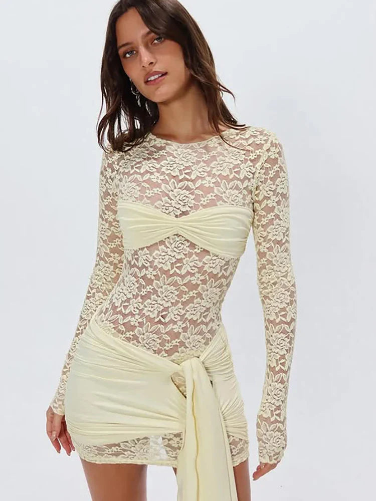 Patchwork Sheer Lace Bandage Women Dress