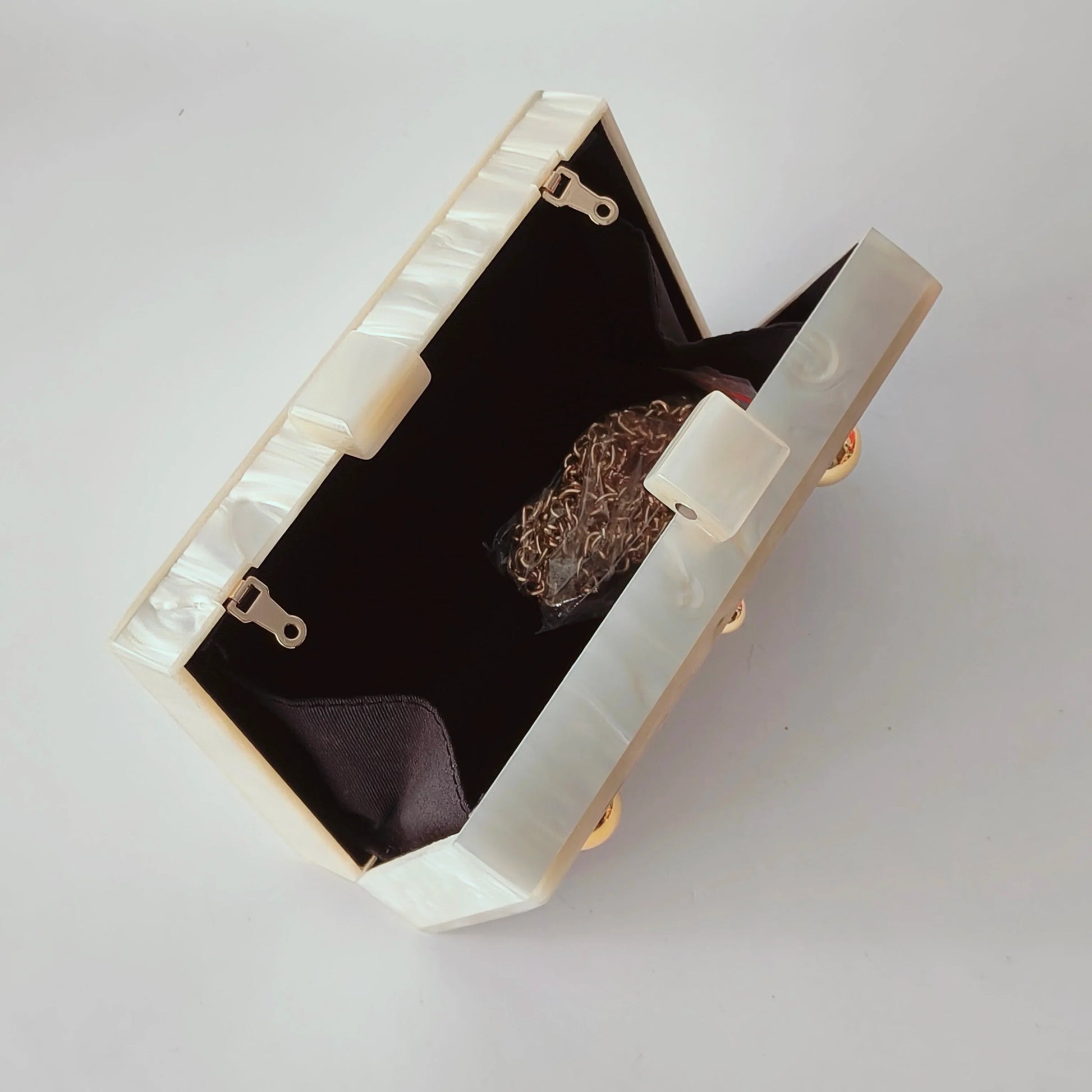 Pearl Beige Metal Dot On Surface Acrylic Clutch Purse