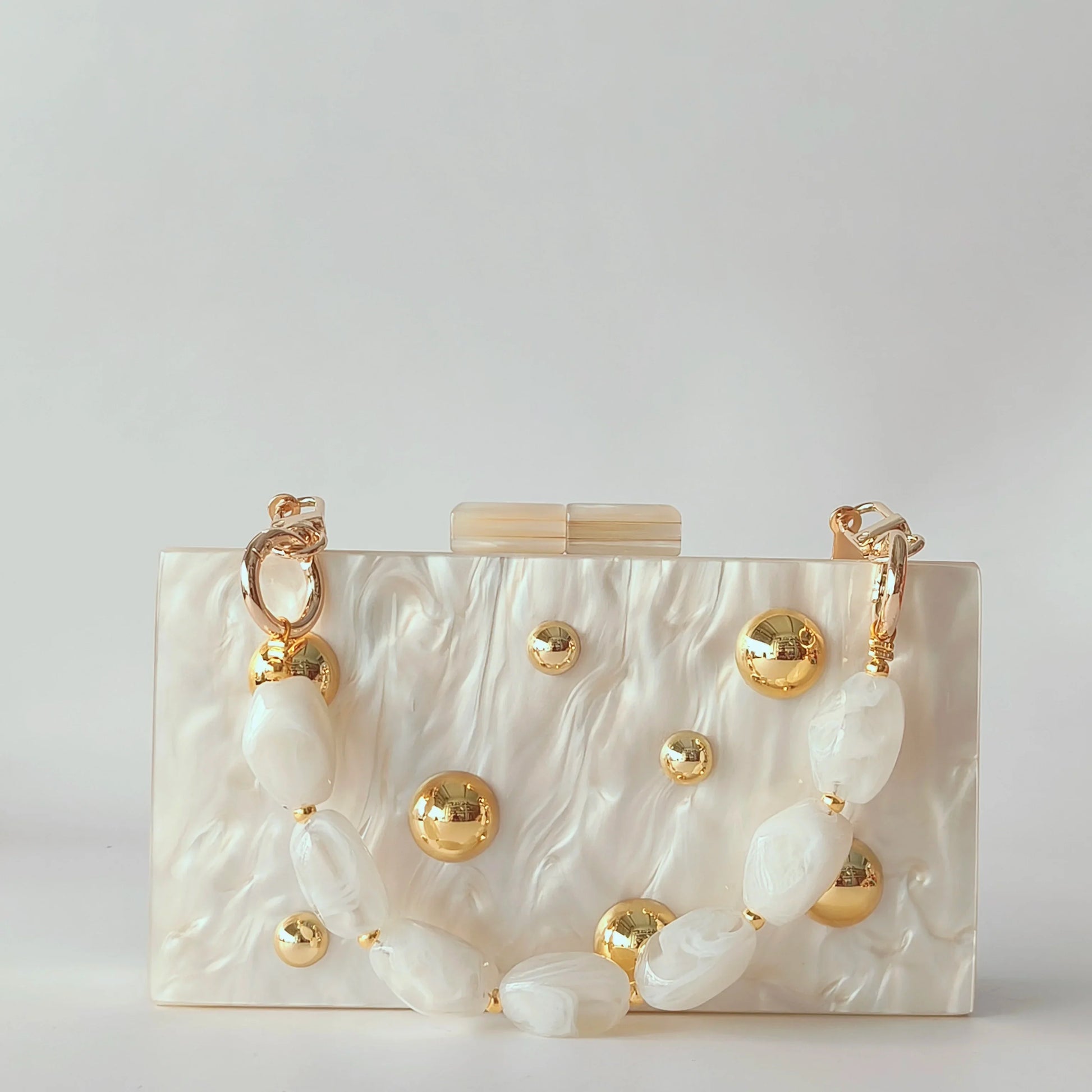 Pearl Beige Metal Dot On Surface Acrylic Clutch Purse