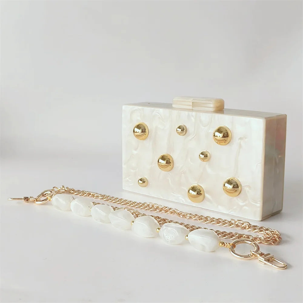 Pearl Beige Metal Dot On Surface Acrylic Clutch Purse - bead chain / Mini(Max Length<20cm)