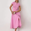 Pink Long Skirt Two Piece Elegant Shirt Button Top Loose A-Line Set