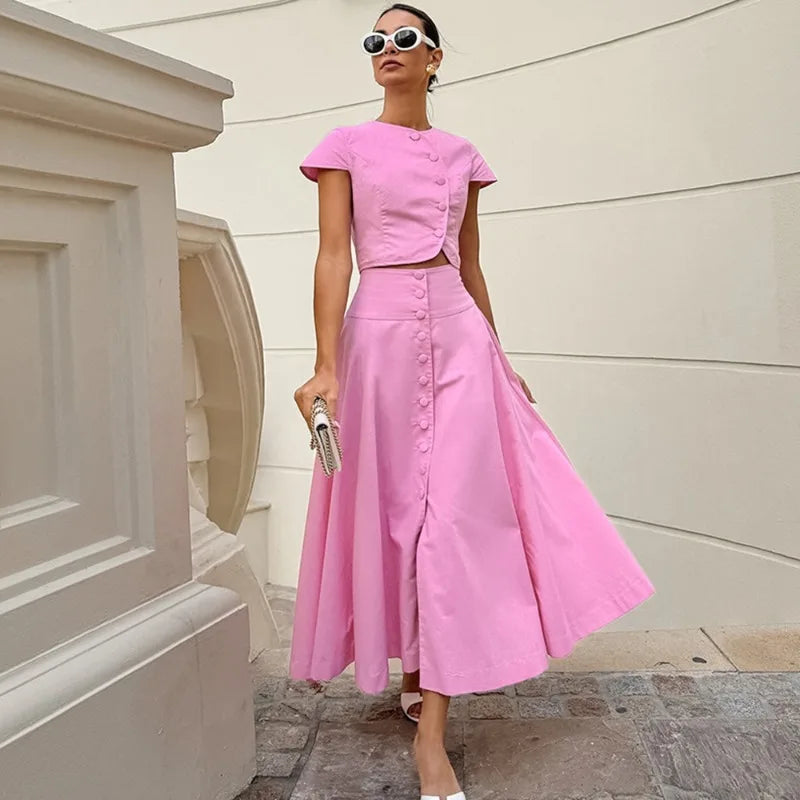 Pink Long Skirt Two Piece Elegant Shirt Button Top Loose A-Line Set - L