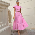 Pink Long Skirt Two Piece Elegant Shirt Button Top Loose A-Line Set - L