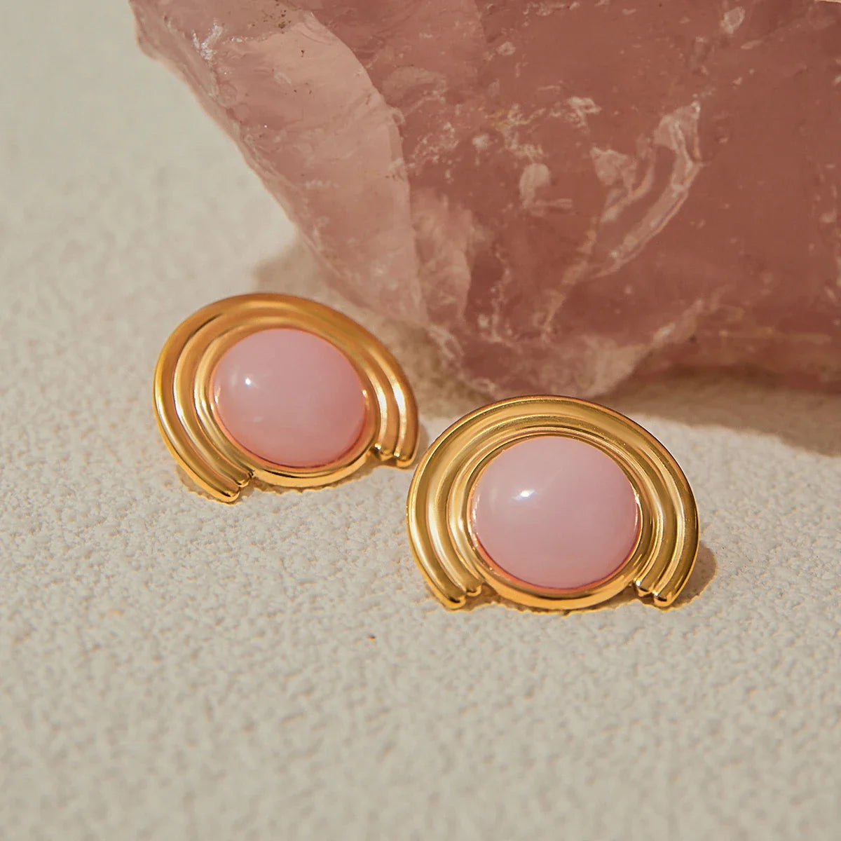 Pink Natural Stone Ribbed Earrings Stainless Steel - JDE0302010