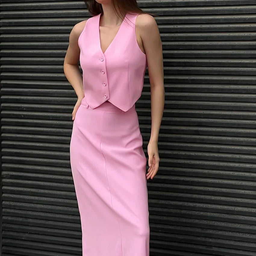 Pink Skirt Set Sleeveless Vest Short Top + High Waist Slit Long Two Pieces Women Outfit