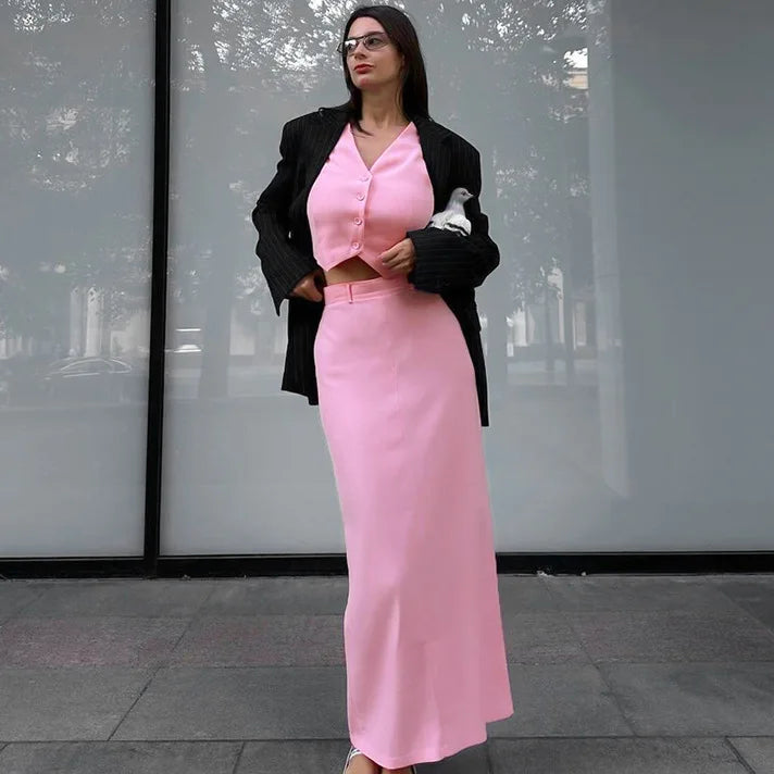 Pink Skirt Set Sleeveless Vest Short Top + High Waist Slit Long Two Pieces Women Outfit