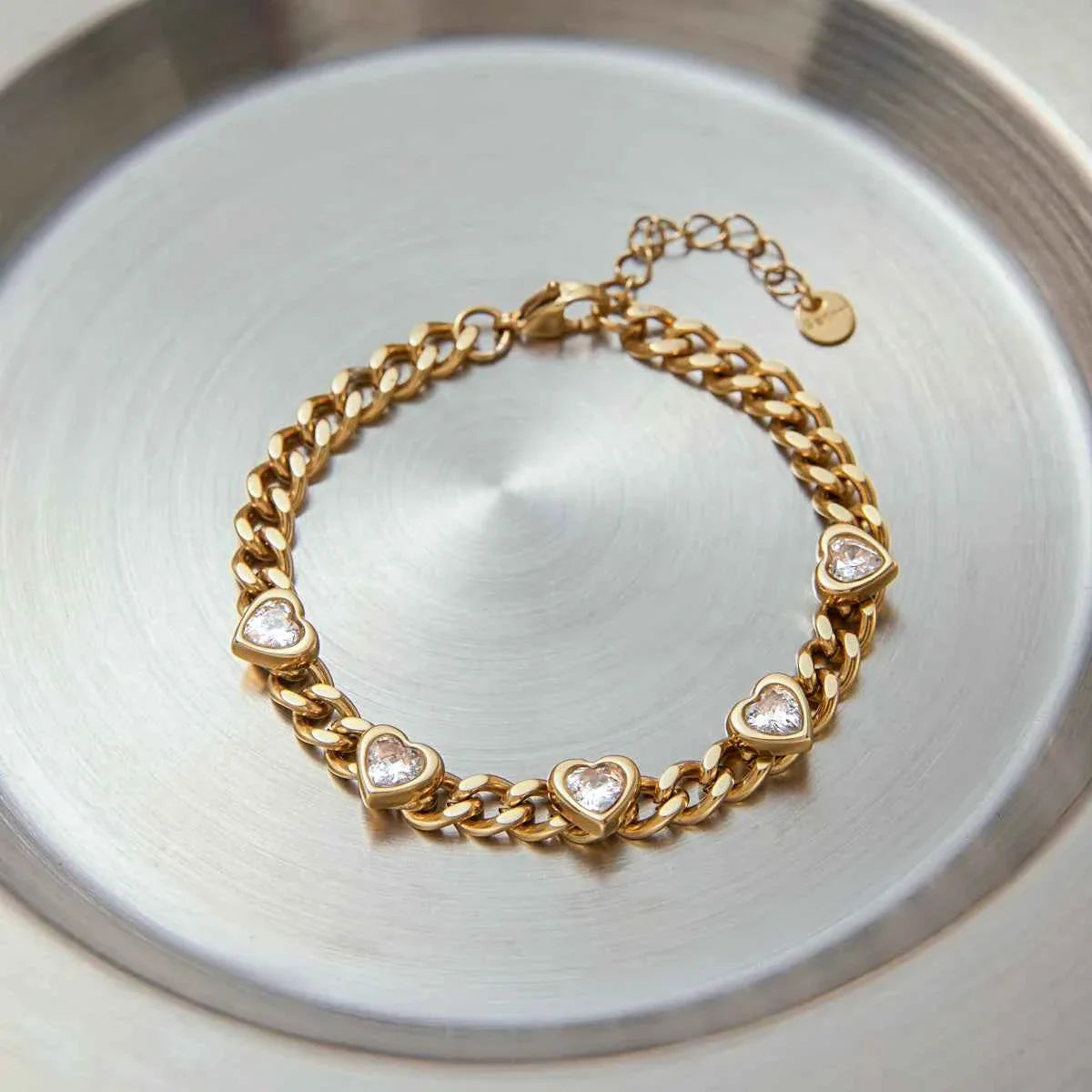 Pink Square Zircon Bracelet Stainless Steel Lock Chain Stackable Bracelet