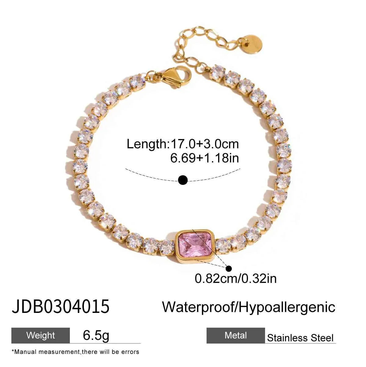 Pink Square Zircon Bracelet Stainless Steel Lock Chain Stackable Bracelet