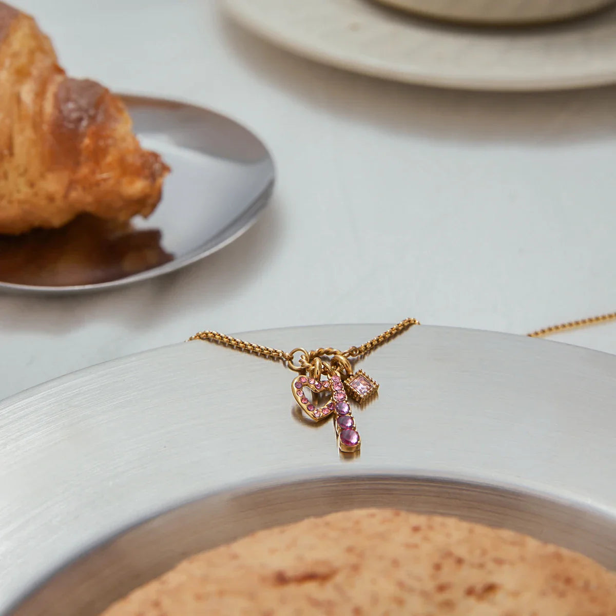 Pink Zircon Hollow Heart Pendant Necklace Stainless Steel - JDN0303031