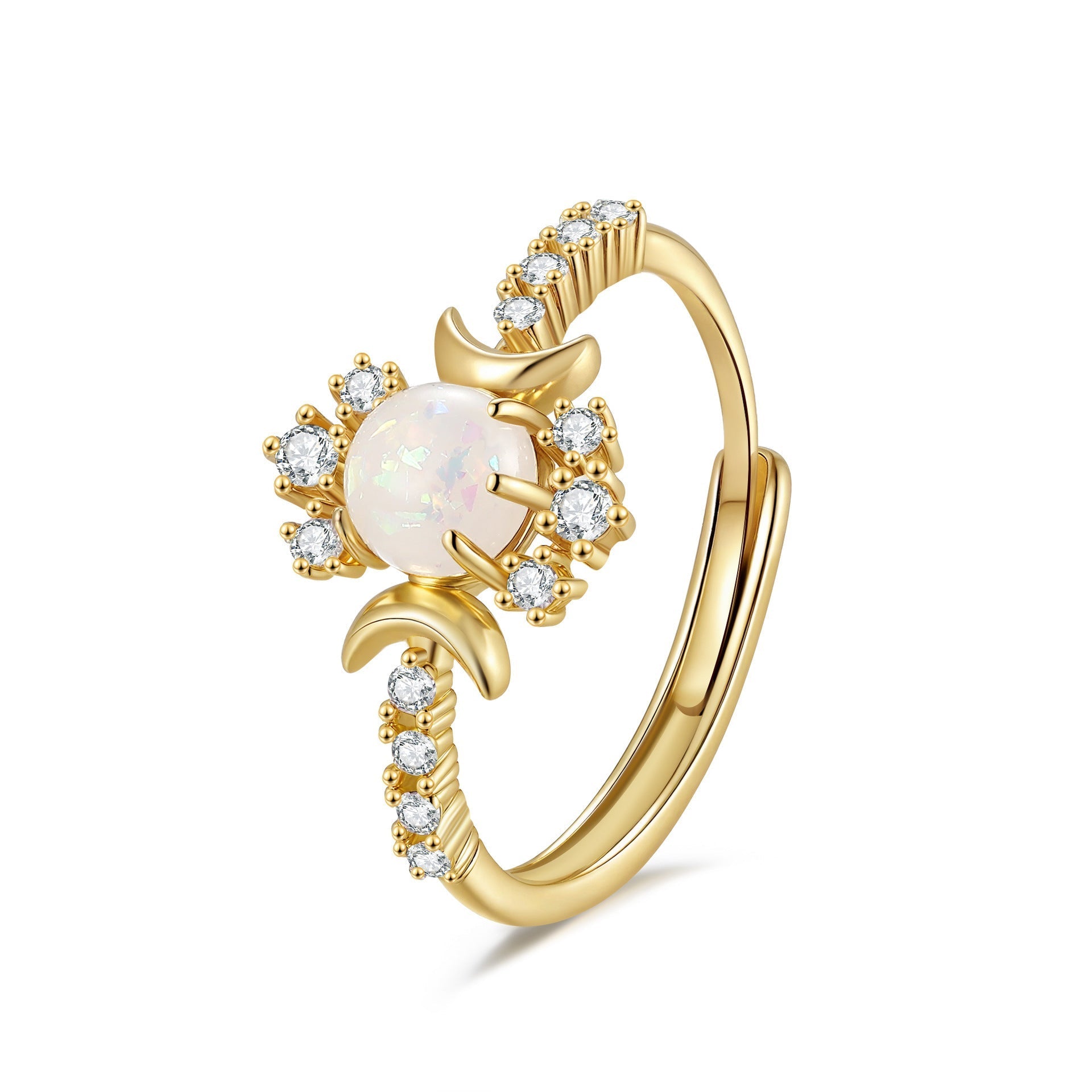 Platinum Round White Opal Glossy Double Moon Edge - Yellow Gold / Adjustable Opening - electronic accessories