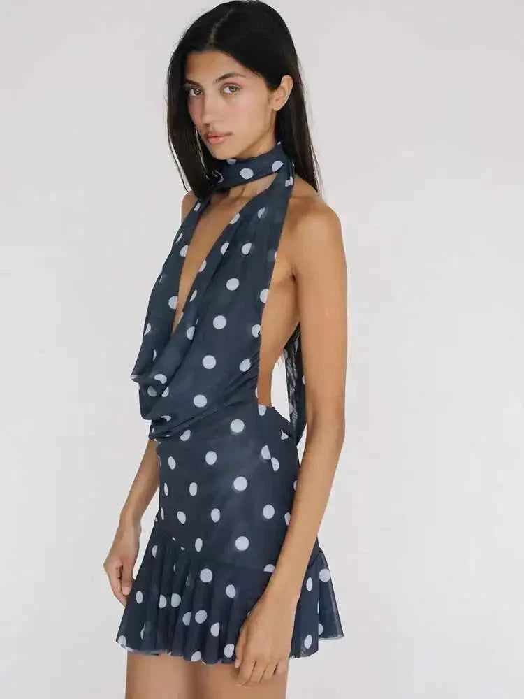 Print Polka Dot Backless Halter Women Dress