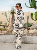 Print Suit Women Casual Lapel Long Sleeve Blouse Wide Leg Trousers