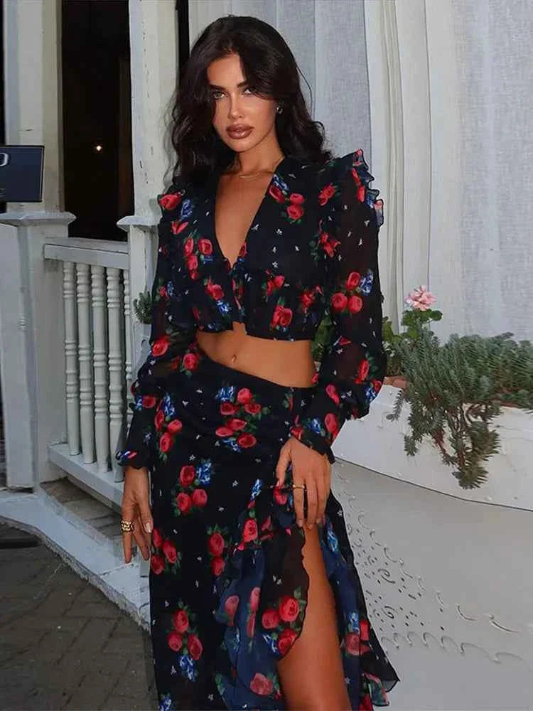 Printed Shirt Ruffles Split Skirt Sets Women